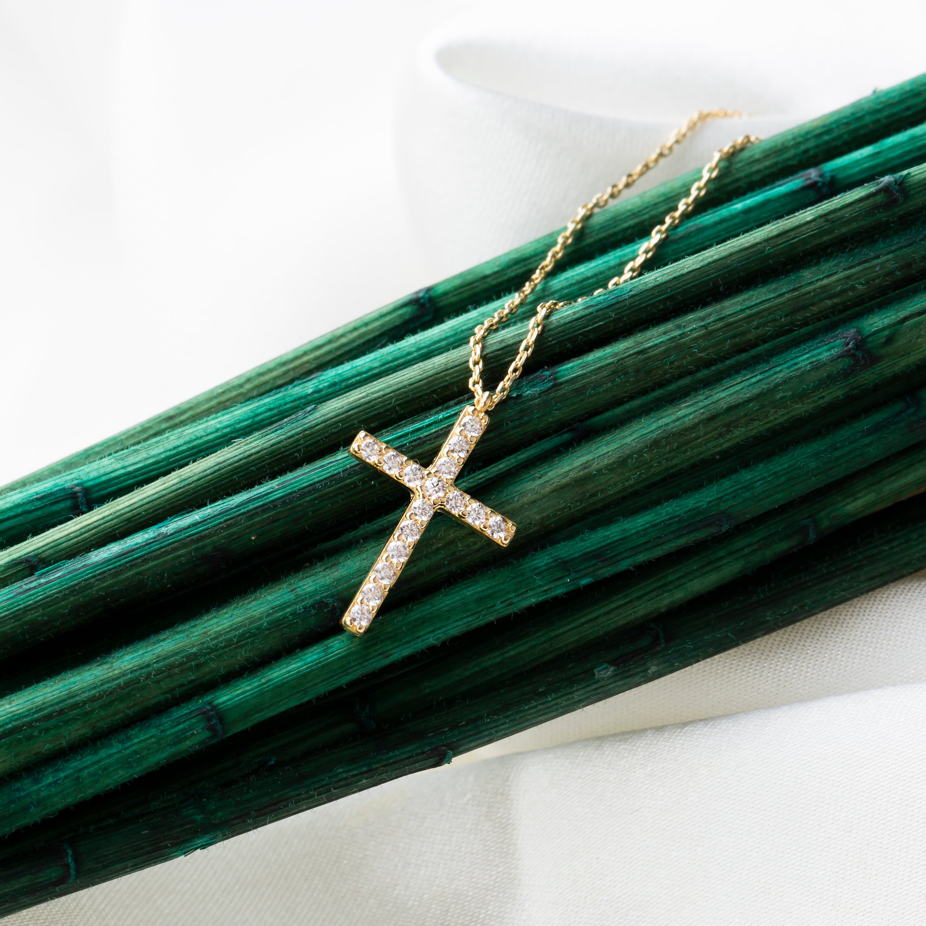 14K Solid Gold Small CZ Cross Pendant Necklace