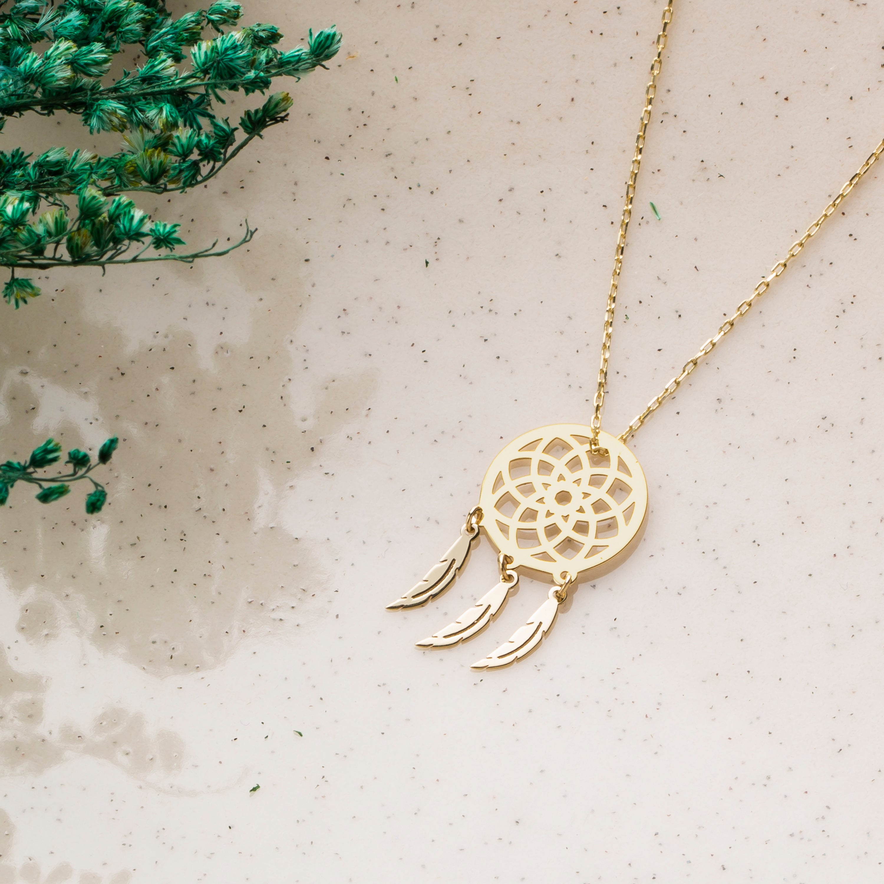 14K Solid Gold Dreamcatcher Pendant Necklace