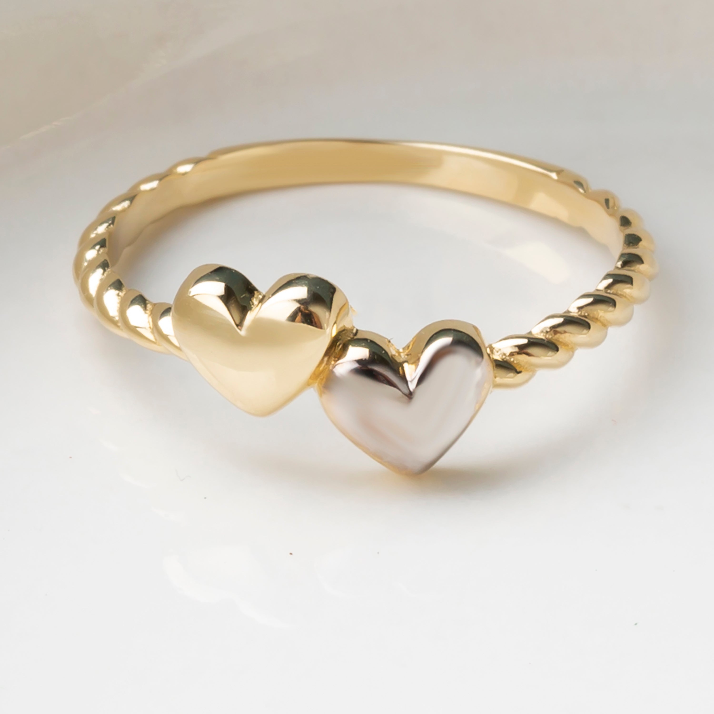 14K Two-Tone Gold Double Heart Ring – Yellow & White Gold Love Band