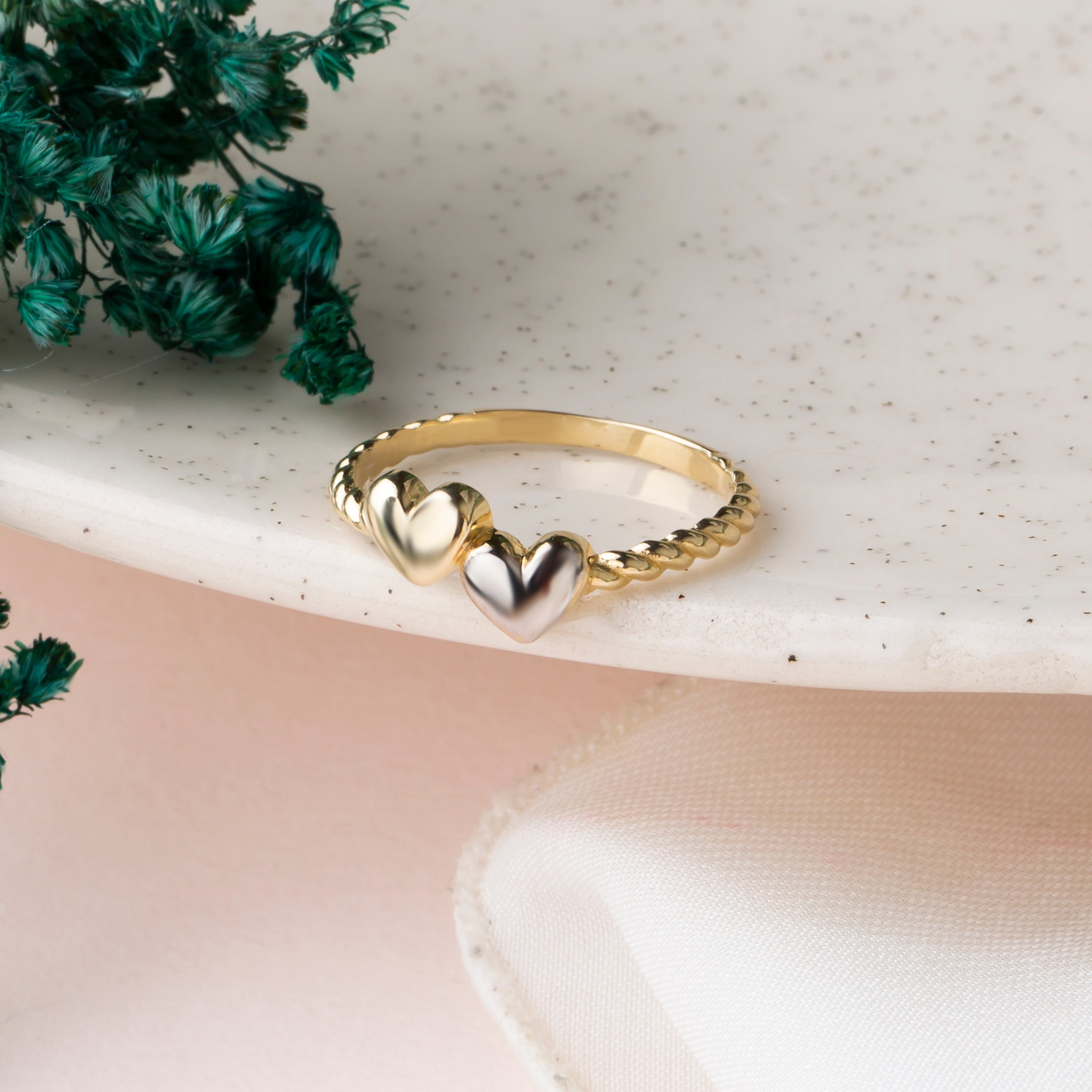 14K Two-Tone Gold Double Heart Ring – Yellow & White Gold Love Band