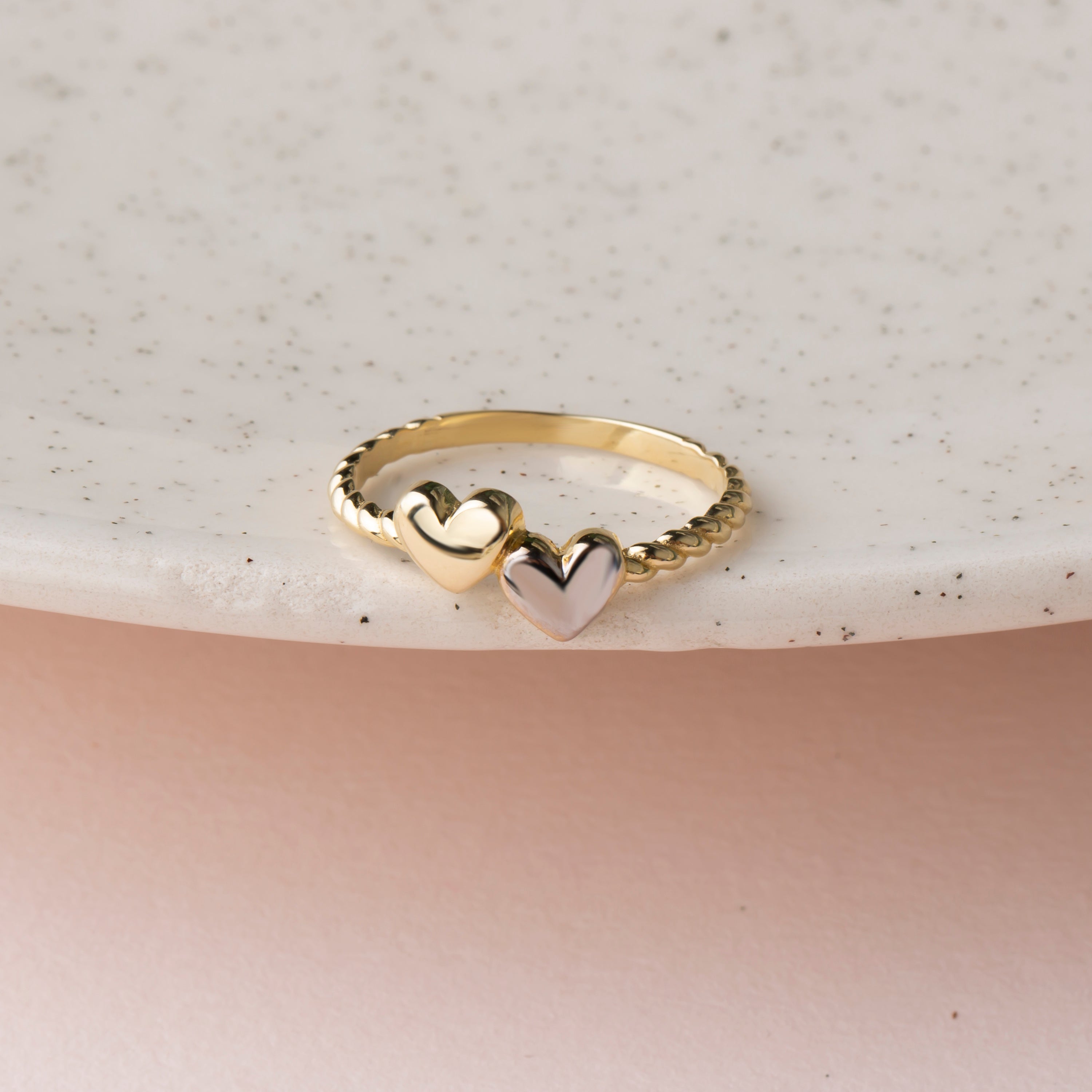 14K Two-Tone Gold Double Heart Ring – Yellow & White Gold Love Band