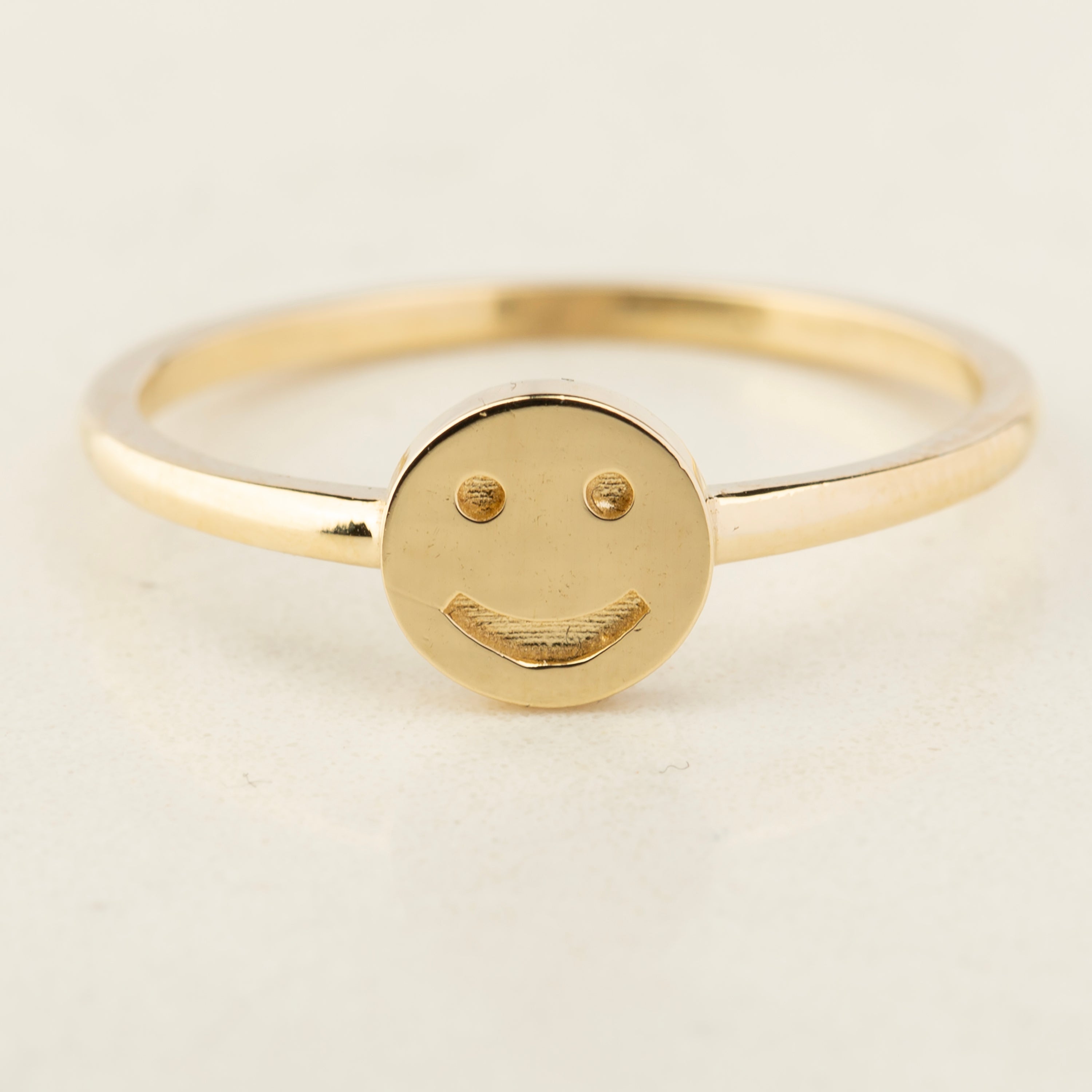 14K Solid Gold Smiley Face Signet Ring
