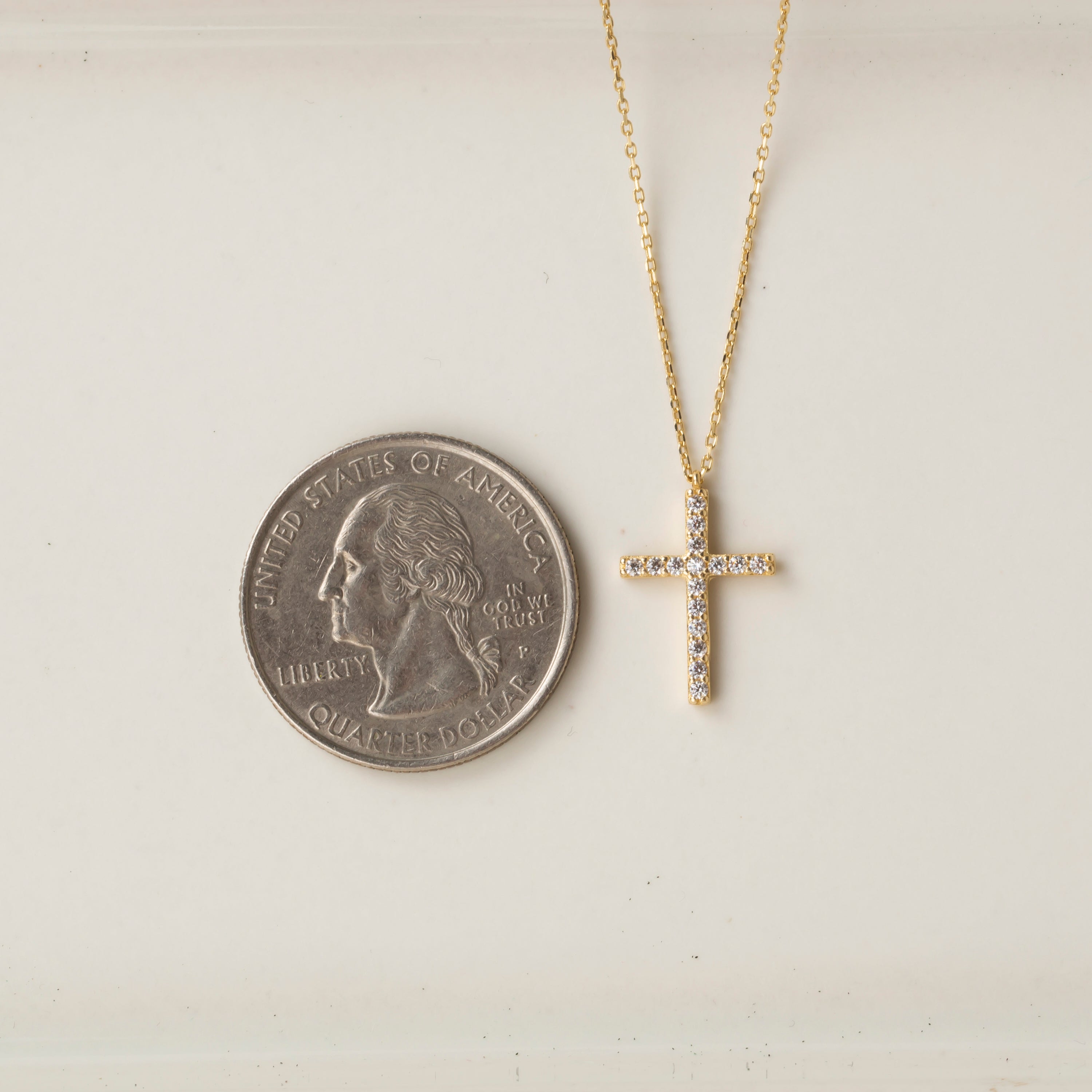 14K Solid Gold Small CZ Cross Pendant Necklace