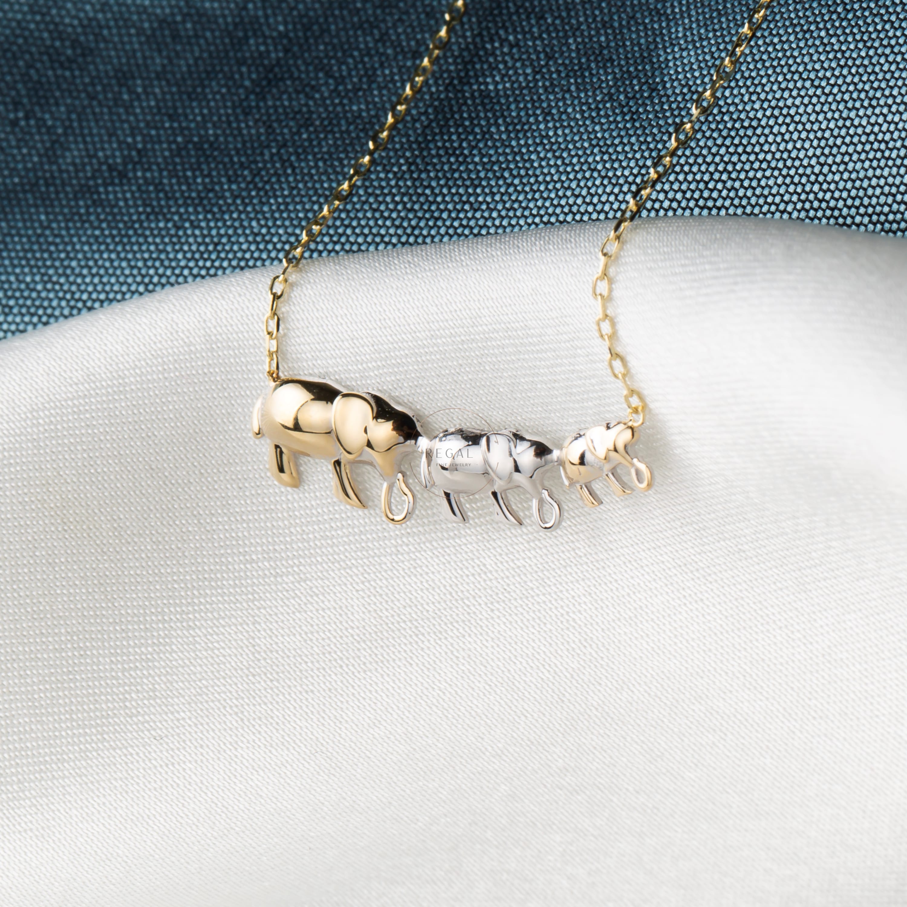 14K Gold Triple Elephant Pendant Necklace