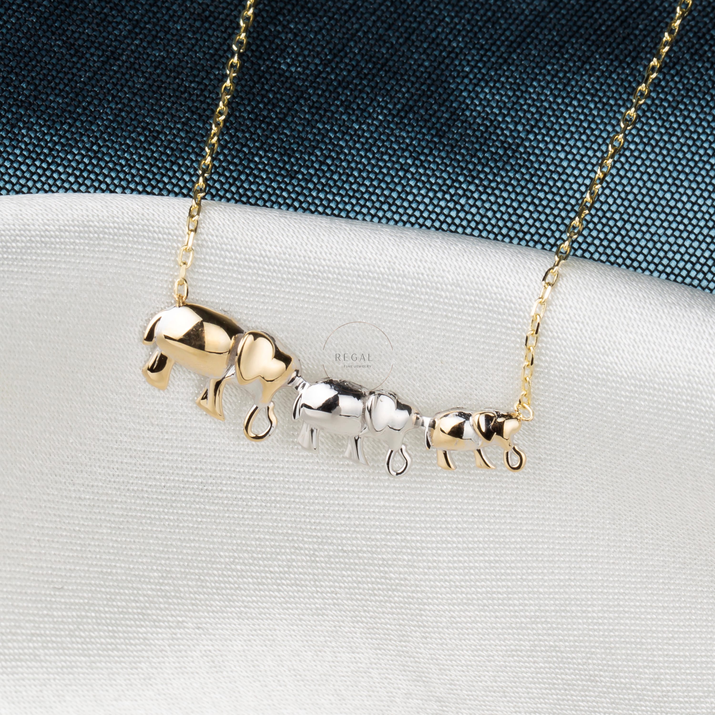 14K Gold Triple Elephant Pendant Necklace
