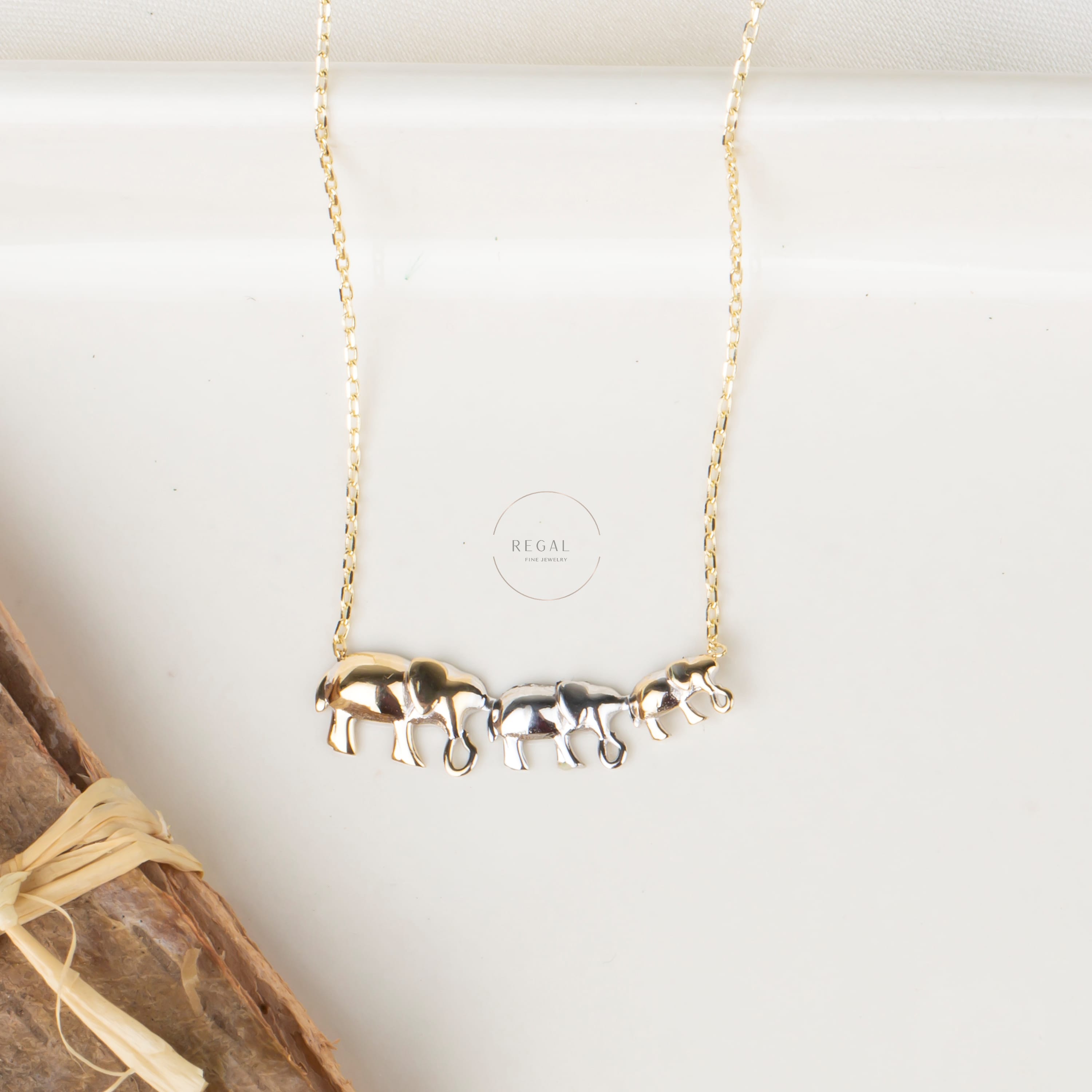 14K Gold Triple Elephant Pendant Necklace