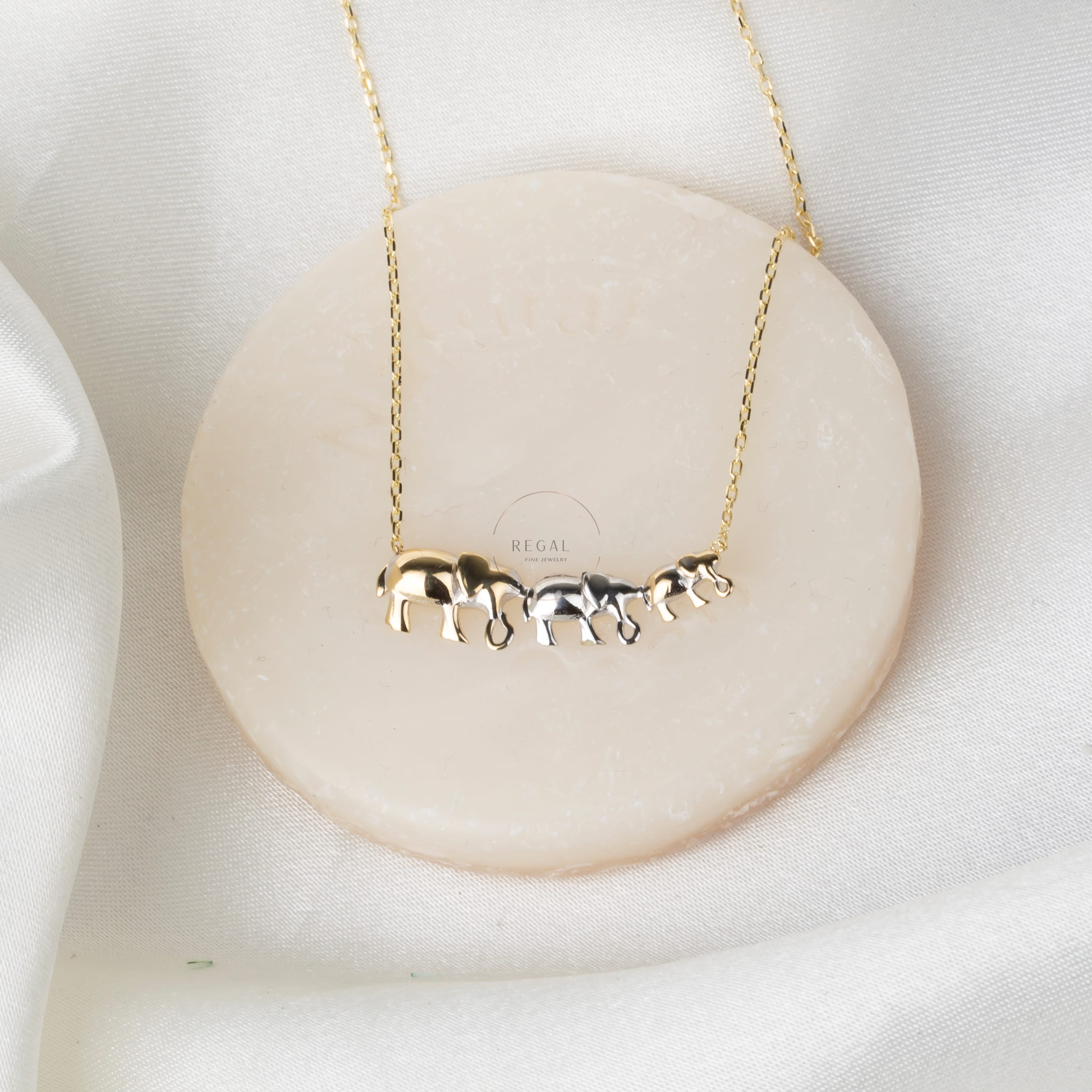 14K Gold Triple Elephant Pendant Necklace