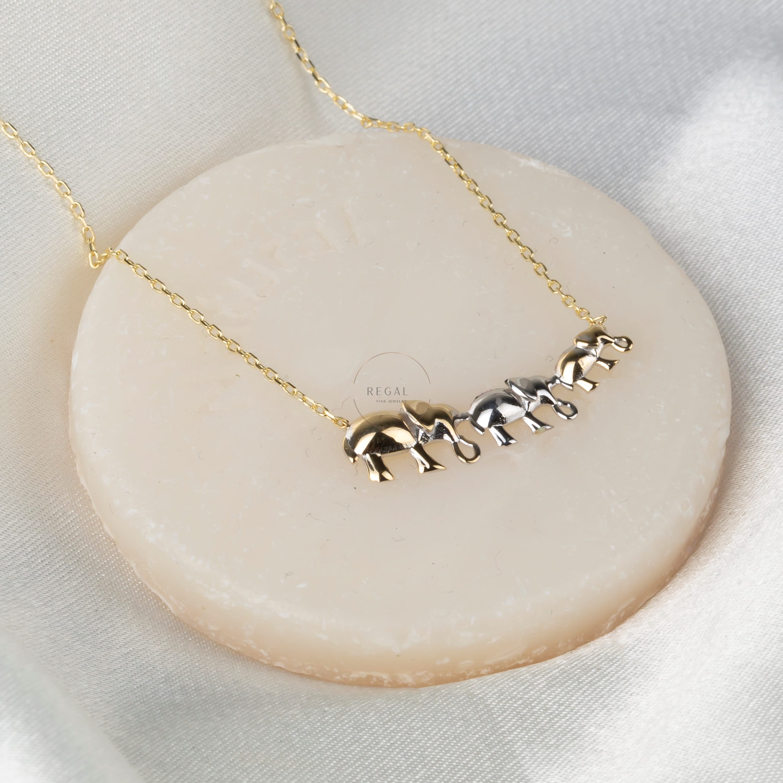 14K Gold Triple Elephant Pendant Necklace