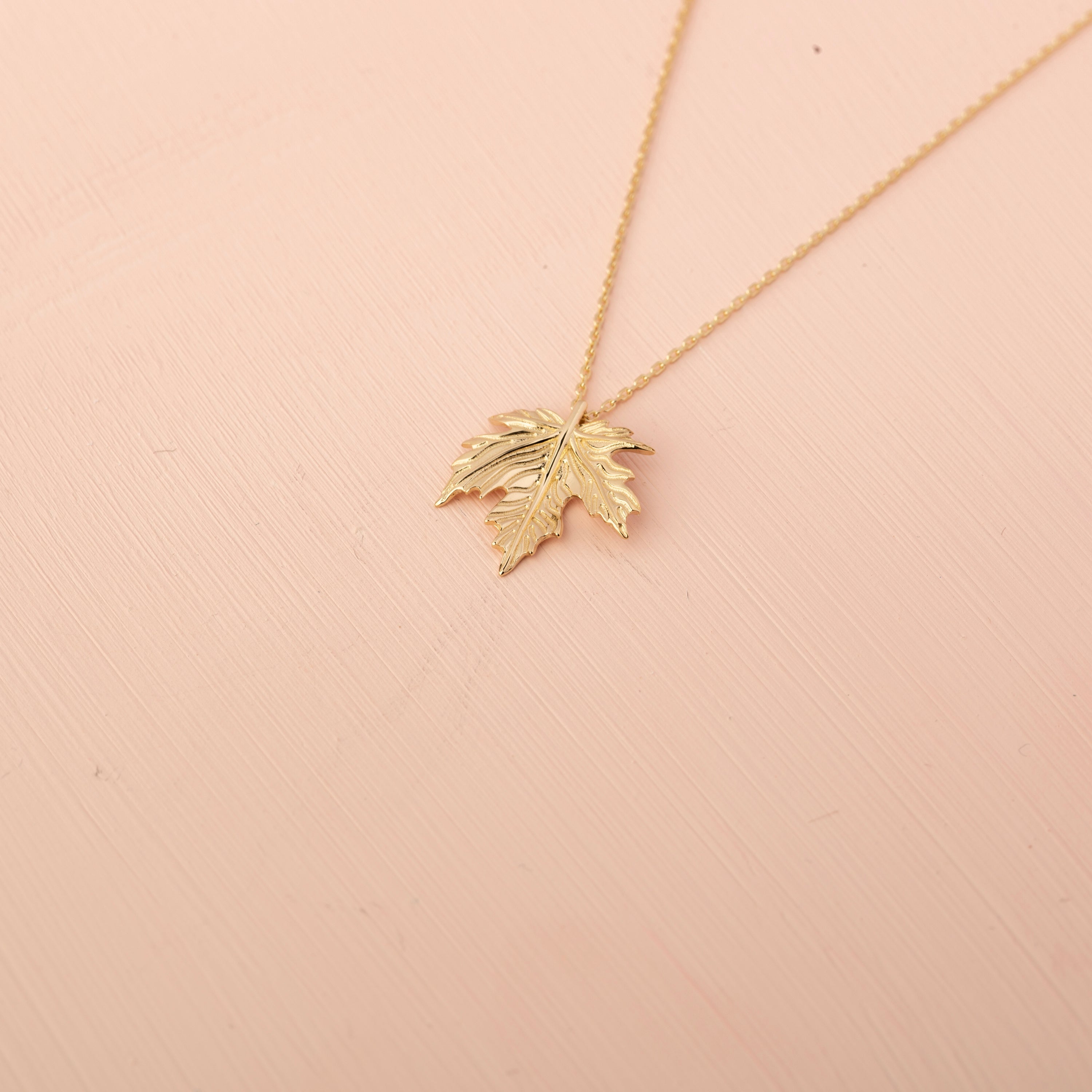 14K Solid Gold Autumn Leaf Pendant Necklace