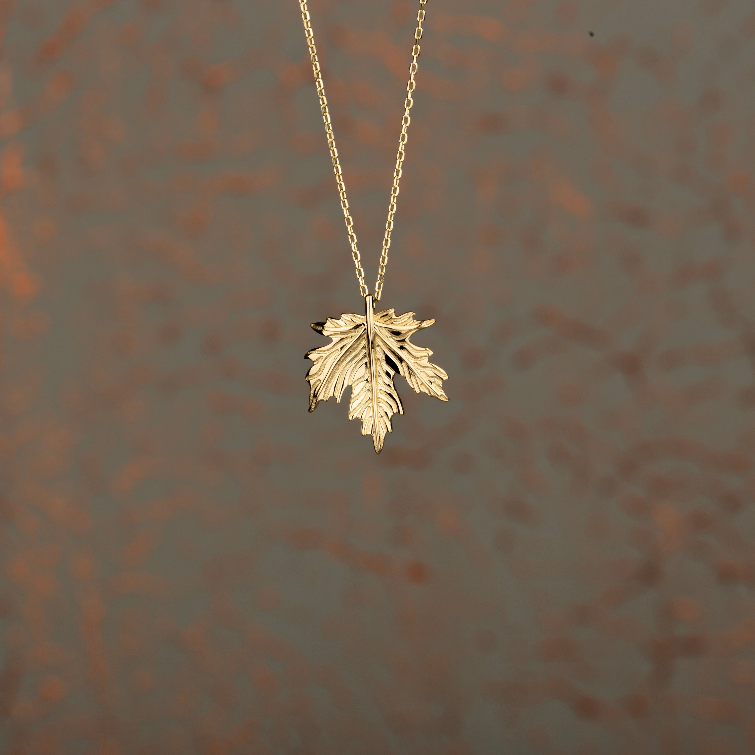 14K Solid Gold Autumn Leaf Pendant Necklace