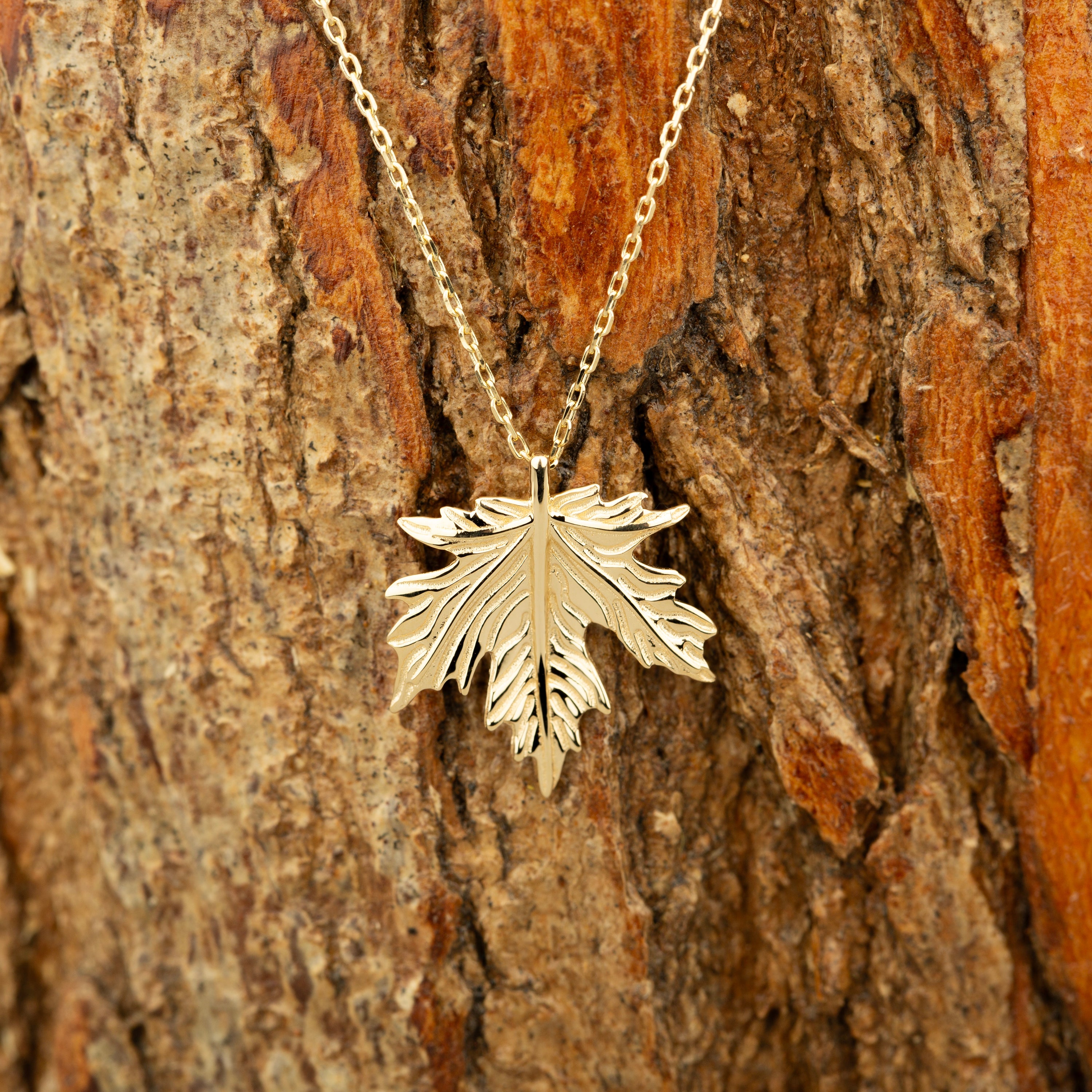 14K Solid Gold Autumn Leaf Pendant Necklace