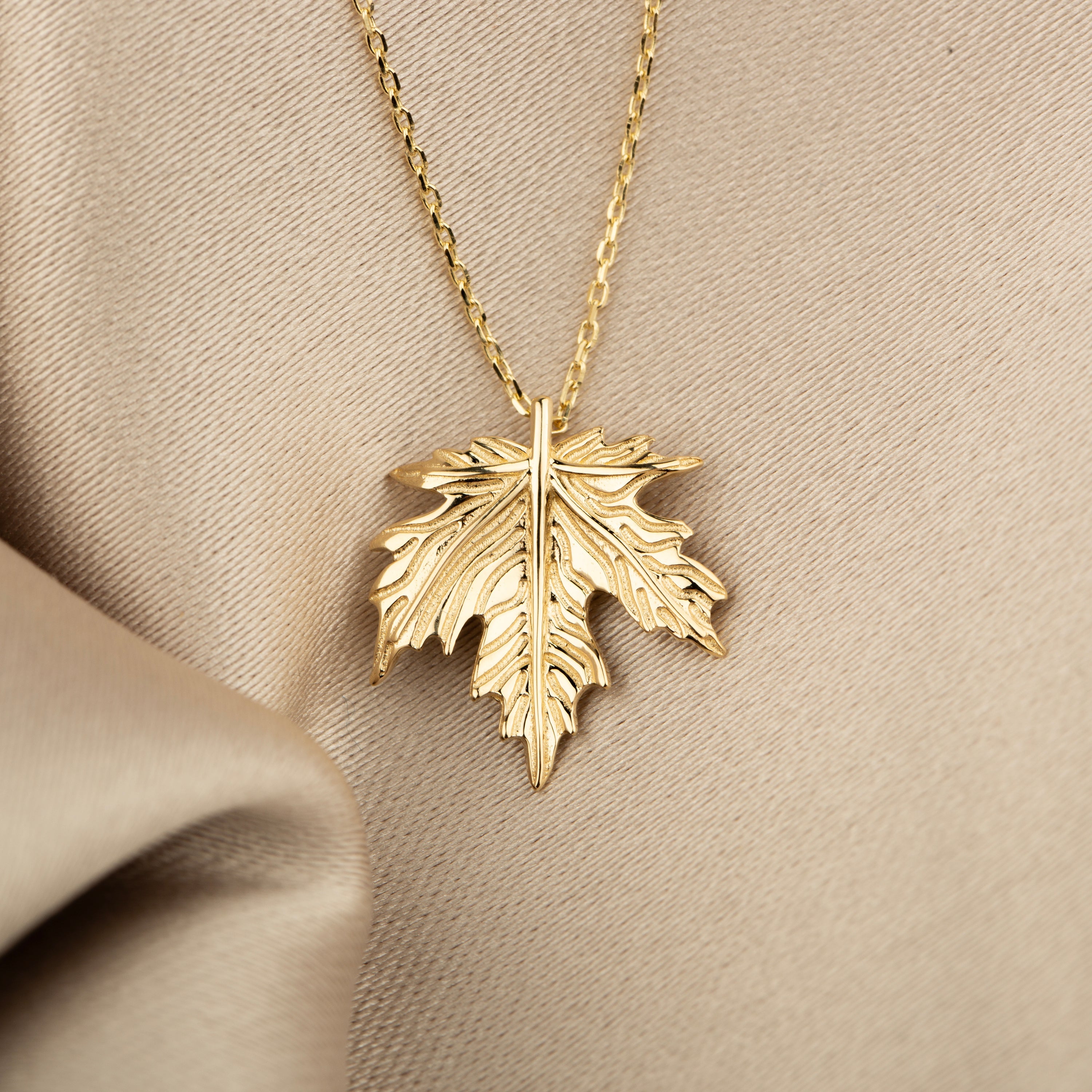 14K Solid Gold Autumn Leaf Pendant Necklace