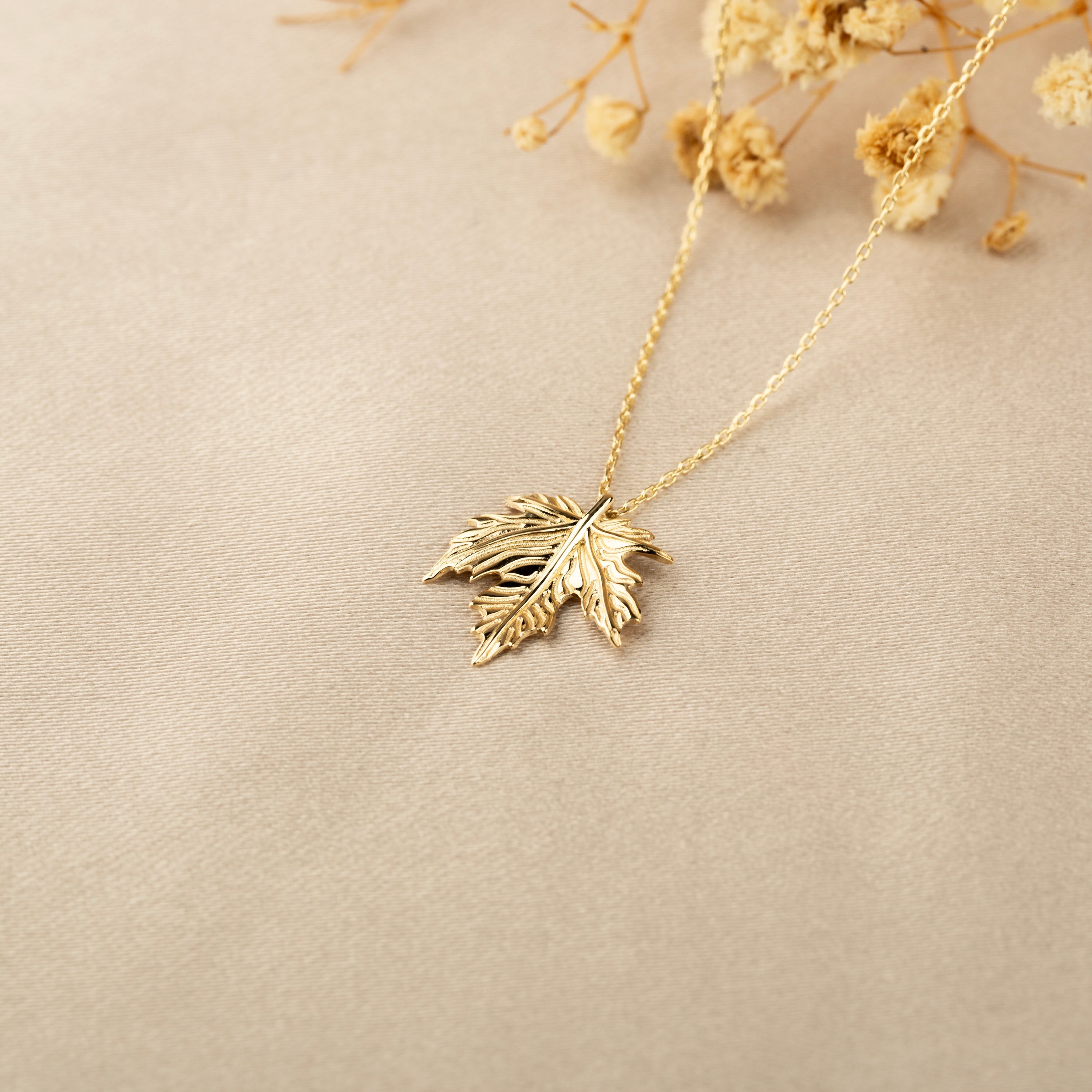 14K Solid Gold Autumn Leaf Pendant Necklace