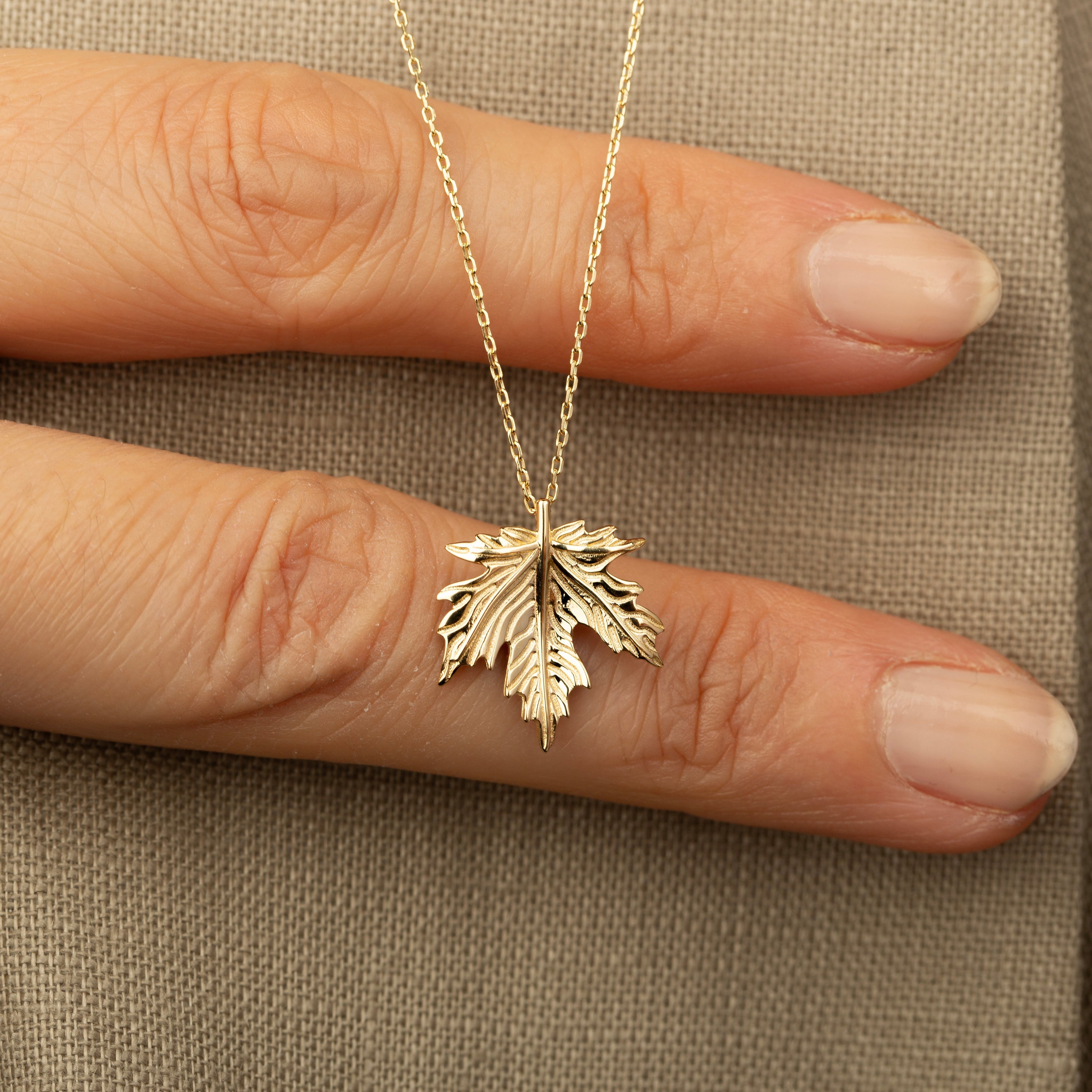 14K Solid Gold Autumn Leaf Pendant Necklace