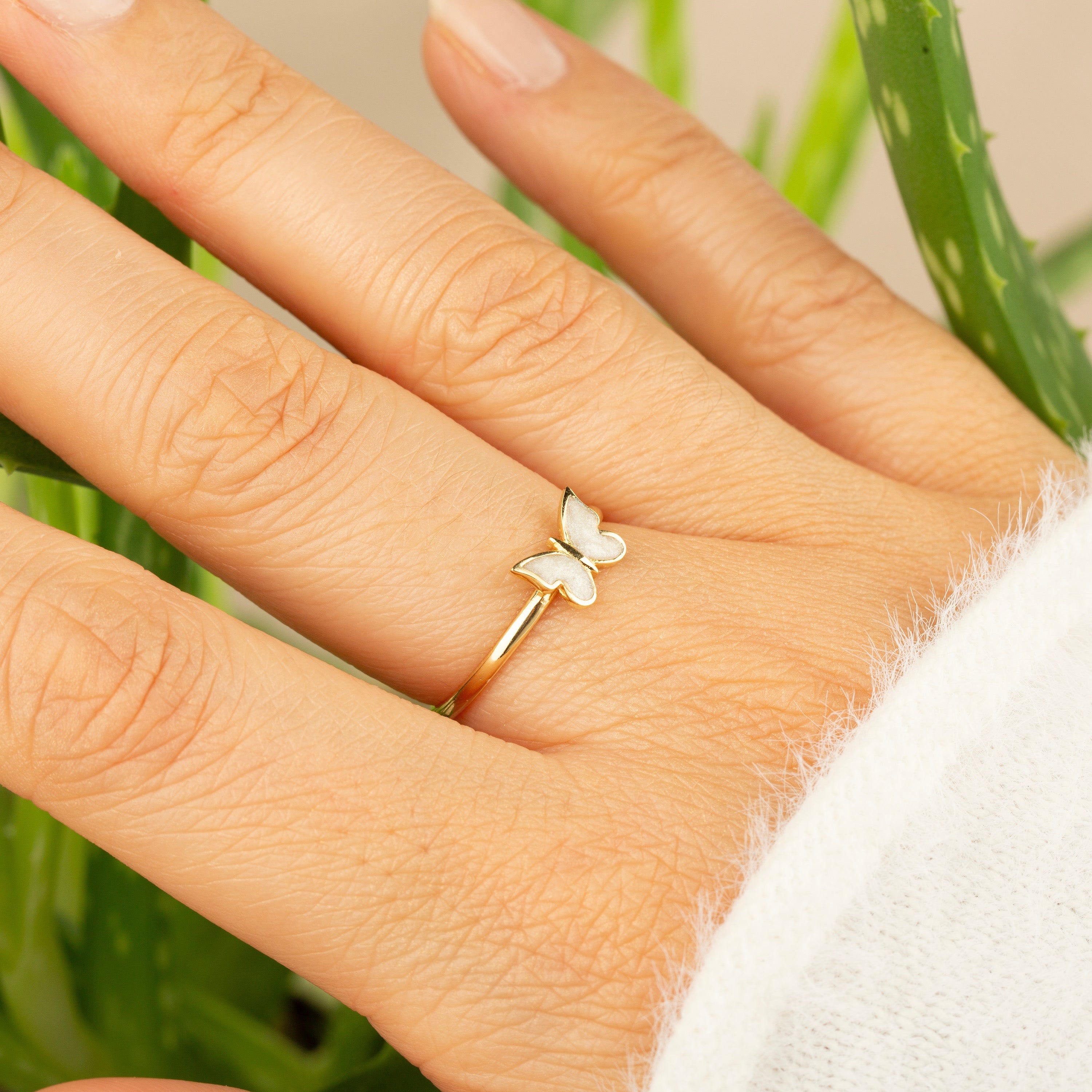14k Gold White Butterfly Ring