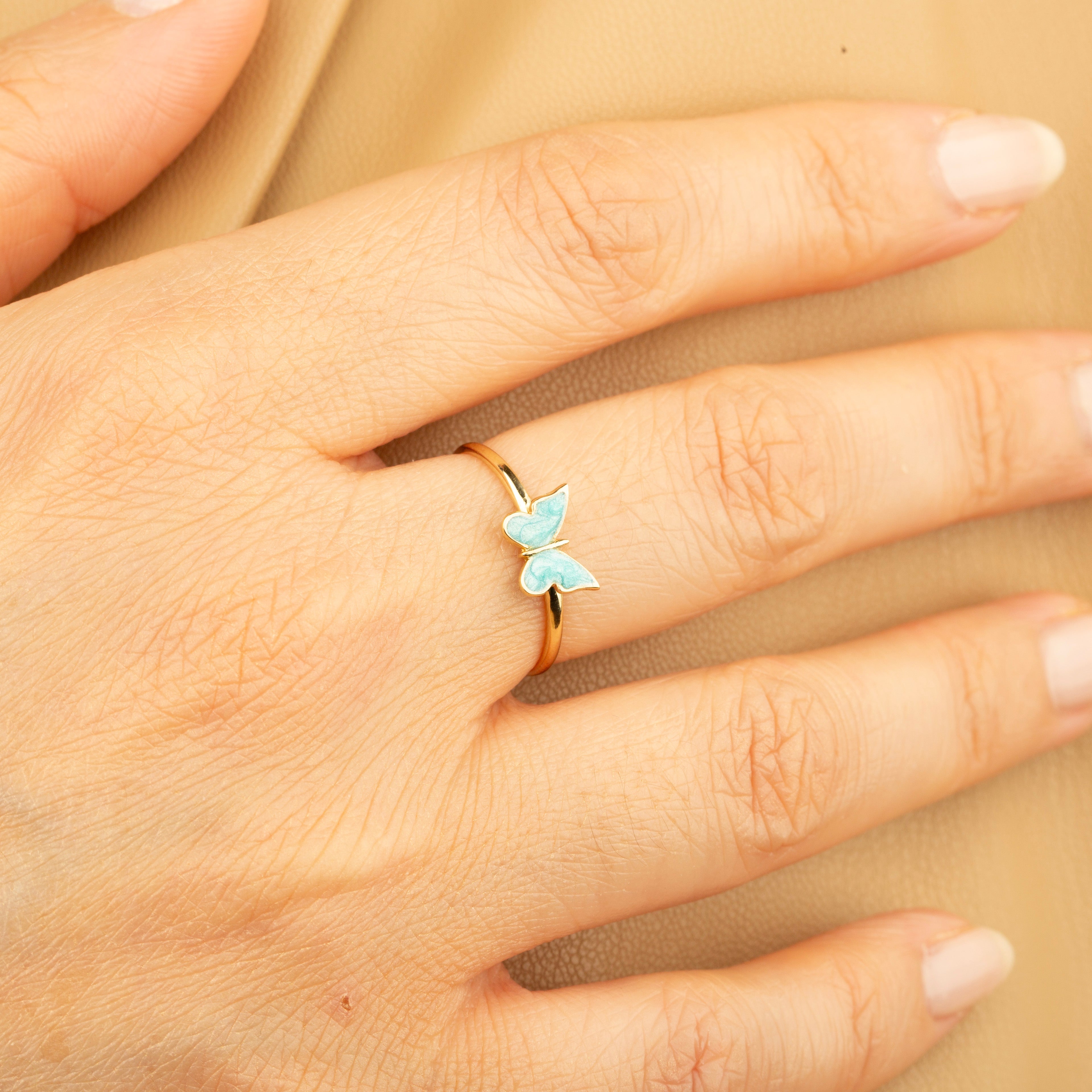 14k Gold Blue Butterfly Ring