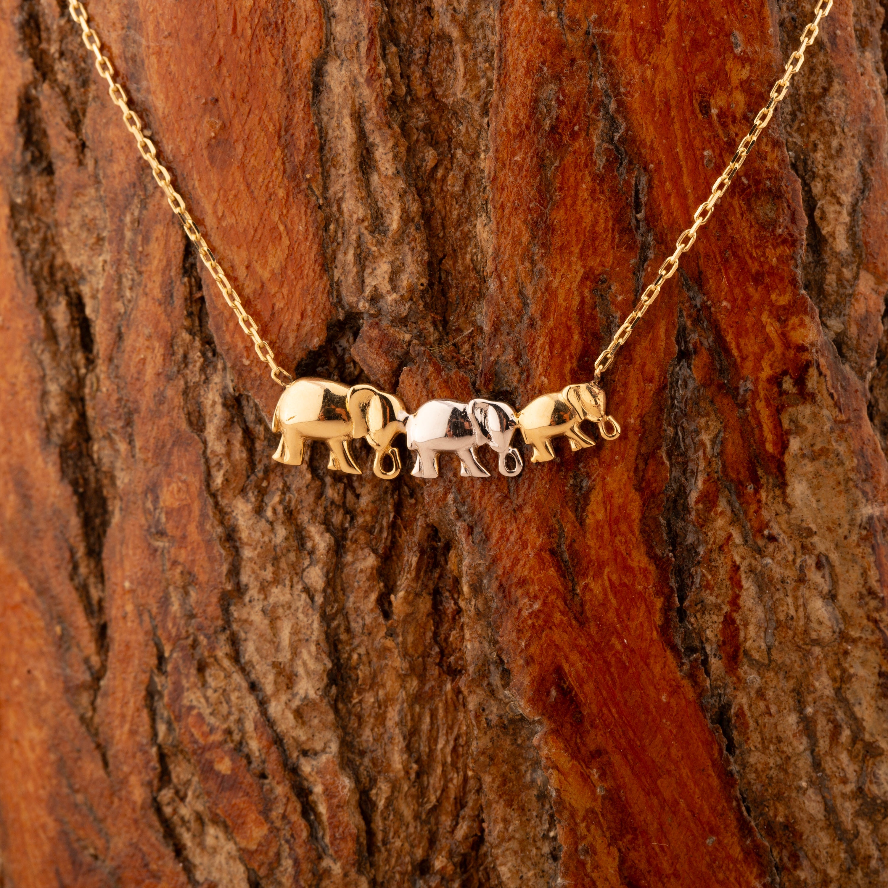 14K Gold Triple Elephant Pendant Necklace