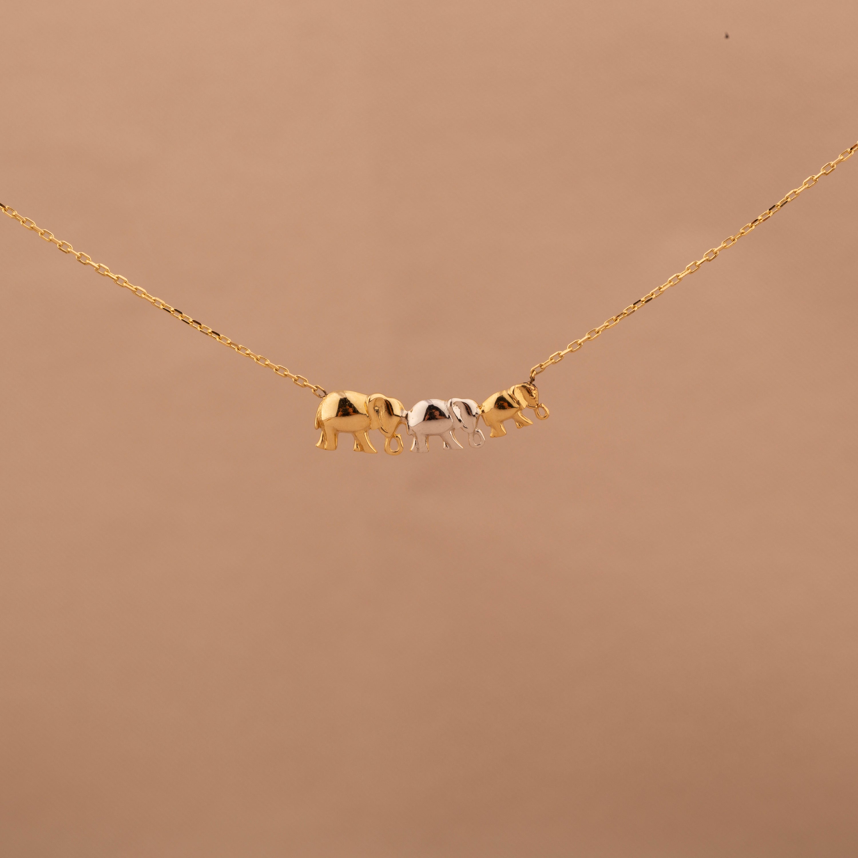 14K Gold Triple Elephant Pendant Necklace