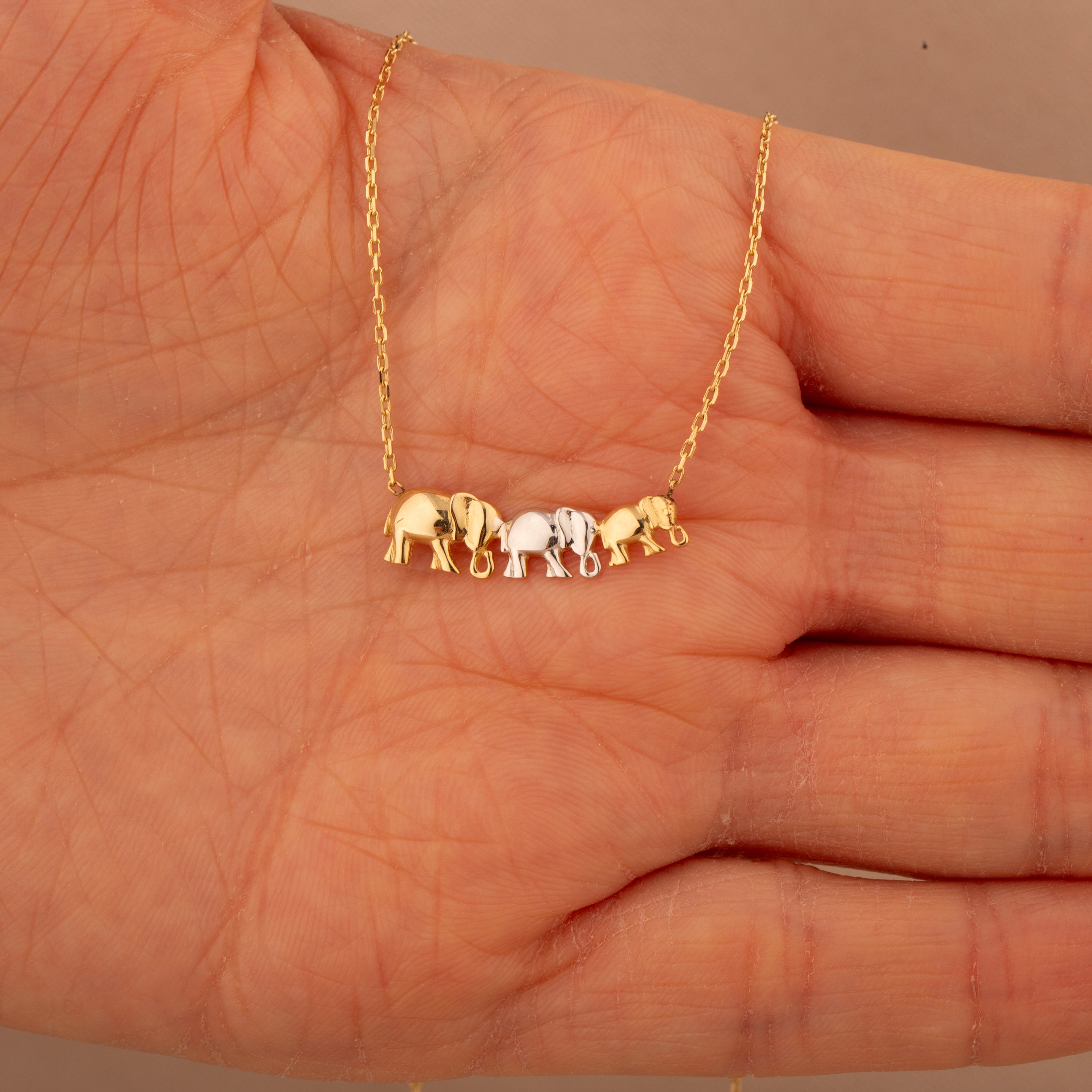 14K Gold Triple Elephant Pendant Necklace